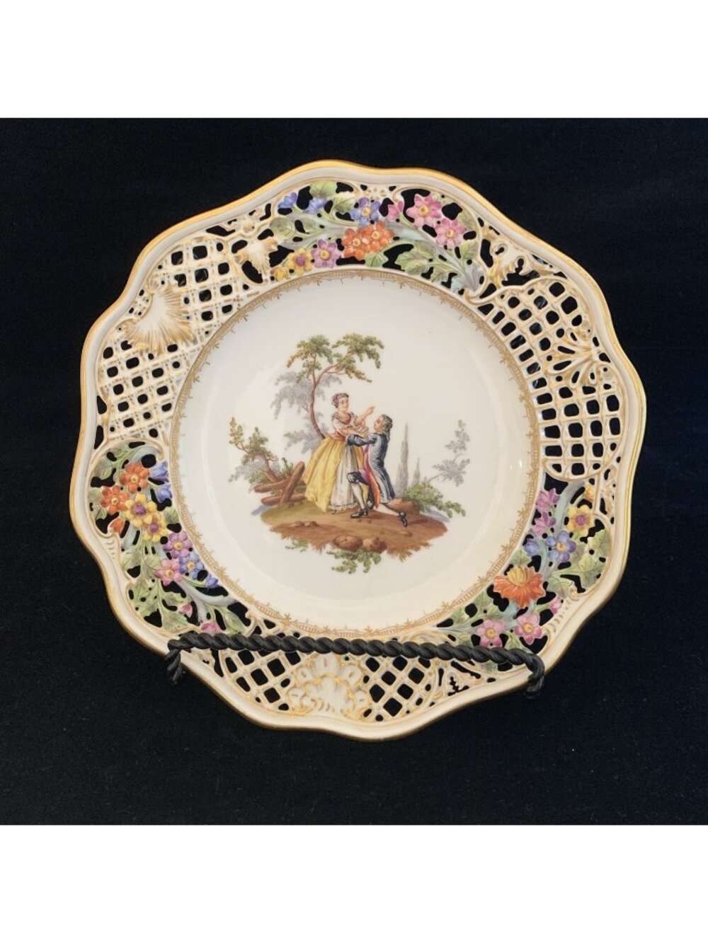 Antique Helena Wolfsohn Dresden Reticulated Cabinet Plate Watteau 8.5" Victorian